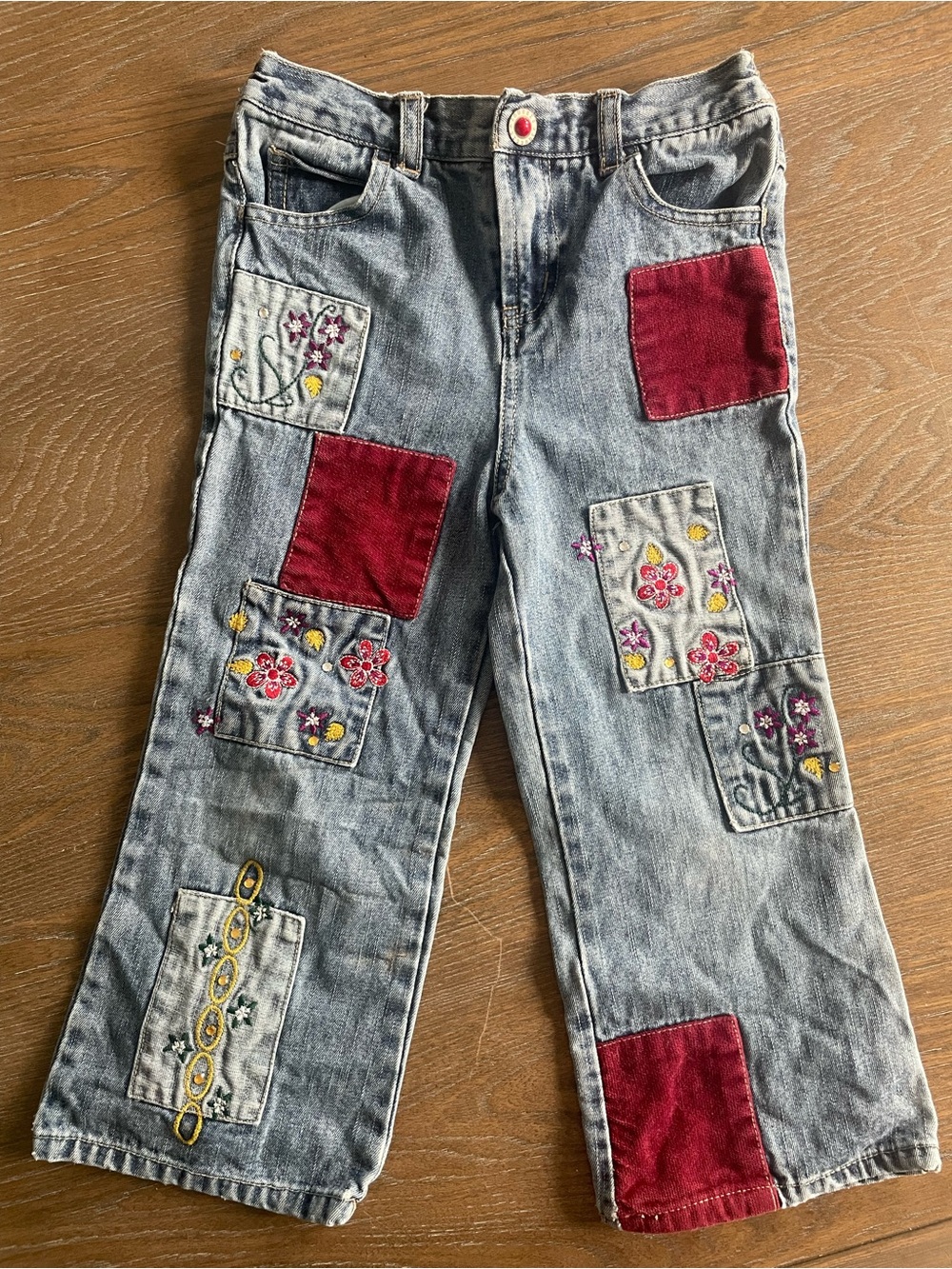 Baby Squeeze Jeans with Red Corduroy Patches & Floral Embroidery